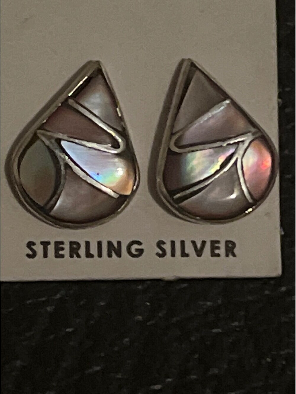 Zuni handmade mother of pearl inlay cluster earrings sterling silver teardrop